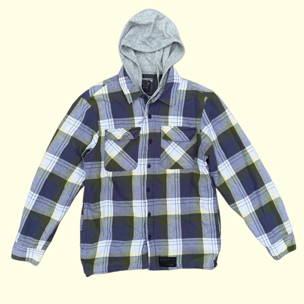 Oakley Shacket Mens Medium Blue Gray Plaid Hooded Pockets Quilt Lined Skate